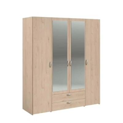 Image de Armoire VARIA Décor chene et Blanc 4 Portes 2 tiroirs centrales avec miroirs 159,9 x 185 51,7