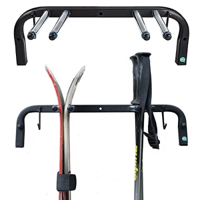 Image de QLS Support mural pour 2 paires de skis 47 cm marche nordique Bâtons trekking Porte Patère avec revêtement en caoutchouc protection un rangement peu encombrant N3