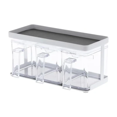 Image de Yamazaki 3343 Tower Boîte d&#039;assaisonnement x3 et Support, Blanc, Résine PS/Acier, Minimaliste, 27.5 x 11.5 13.5 c m