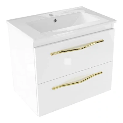 Image de paplinskimoebel GIRONA60 Ensemble meuble de salle bain avec lavabo encastré en céramique, corps brillant, blanc et doré, 60 x 39 55 cm, style glamour