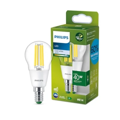 Image de Philips Classic ultra efficient LED ampoule classe énergétique A, équivalent 40W, drop shape, culot E14, clair, éclairage blanc neutre (4000K), ancienne génération