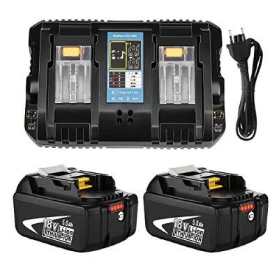 Image de Goodexo 2Pcs 18V 5,0Ah BL1850 Batterie de Rechange pour BL1840 BL1860 + Chargeur Double Port Remplacement DC18RD DC18RC