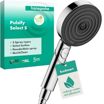 Image de hansgrohe Pulsify Select S Pommeau de douche économie d&#039;eau avec 9 l/min (EcoSmart), Douchette à main 3 types jet (Edition Activation), ronde (diamètre 105 mm), Chromé, 24101000