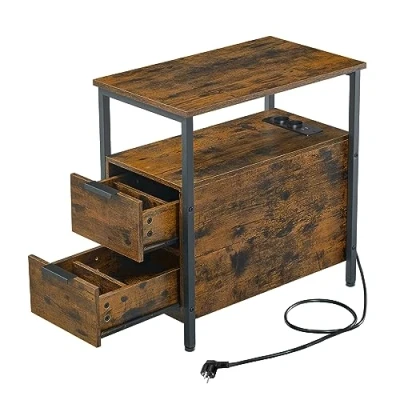Image de VASAGLE Table d Appoint avec Multiprise, Lot de 2, Petite Fine 2 Tiroirs, Chevet Rangement, pour Salon, Chambre, Marron Rustique et Noir Classique LCT648B01