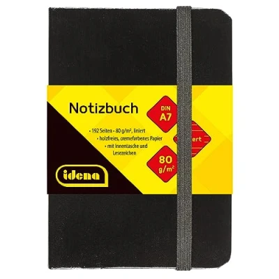 Image de Idena 10033 Carnet de notes DIN A7, ligné, papier crème, 192 pages, 80 g/m², couverture rigide en noir, 1 pièce