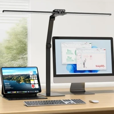 Image de KableRika 24W Lampe de bureau LED avec Métal Base: 80cm Double Tête, Grande design, réglage intensité, lumiere protection des yeux pour ecran pc, dessin, deux bureaux, puzzle Noir