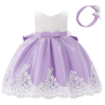 Image de Lito Angels Robe Demoiselle d&#039;honneur avec Bandeau pour Bebe Fille, en Dentelle Ceremonie Mariage, Taille 12 18 Mois, Violet (étiquette Tissu 80)