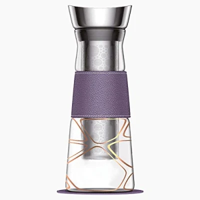 Image de Eigenart Eve Copper 31004 Carafe en verre avec couvercle, passoire, manchette cuir synthétique végétalien et soucoupe, sans BPA, 1,25 l