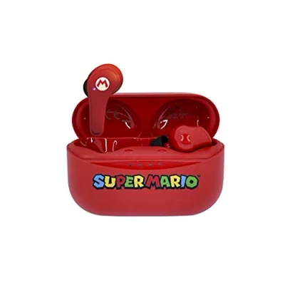 Image de OTL Technologies Ecouteurs sans Fil Bluetooth V5.3 Super Mario avec boîtier de Chargement Rouge.