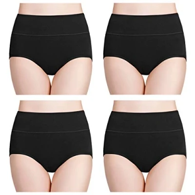 Image de wirarpa Culottes Femmes Coton Taille Haute sous vêtements Slip Elasticité Boxer Femme Ventre Plat Lot de 4 Noir 2XL