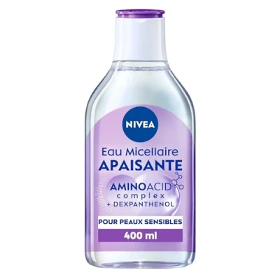 Image de NIVEA Eau Micellaire APAISANTE Peaux Sensibles (1 x 400 ml), démaquillant enrichi aux micelles et acides animés sans parfum, nettoyant visage pour yeux &amp; lèvres