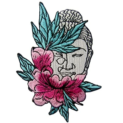 Image de Patch brodé en forme de Bouddha et fleur lotus, à coudre ou coller avec fer repasser