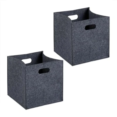 Image de Relaxdays Lot de 2 boîtes Rangement, Pliables, HxLxP : 30x30x30 cm, poignées, bacs en Feutre à Plier, Anthracite