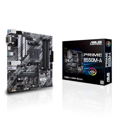 Image de ASUS PRIME B550M A Carte mère AMD B550 (Ryzen AM4) au format micro ATX avec double M.2, PCIe 4.0, DDR 4400, Ethernet 1Gb, HDMI/D Sub/DVI, USB 3.2 Gén. 2 Type A, Aura Sync RGB