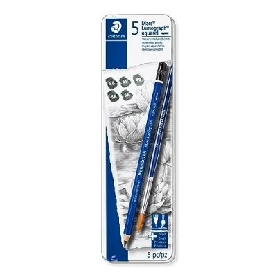 Image de Staedtler Mars Lumograph Aquarell, crayons graphites aquarellables, Utilisables à sec ou l&#039;eau, Boîte en métal avec 5 aquarellables assortis et 1 pinceau, 100A G6