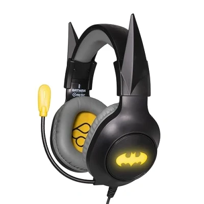 Image de FRTEC Casque de Jeu Batman avec Oreilles Dark Knight détachables, câble et lumière LED RVB pour Playstation 5, PS4, Xbox Series X/S, One, Nintendo Switch, PC, Mac