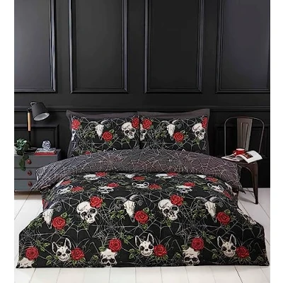 Image de Rapport Home Parure de lit en Microfibre pour Simple Motif crânes et Roses Noir