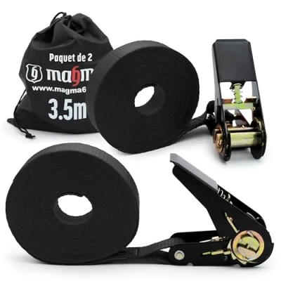 Image de MAGMA 2 Sangles à Boucle Came 3,5 m Sangle Cliquet pour Galeries de Toit et Remorques Réglable, Attache Kayak, Planche Surf, Canoë, Vélo, Moto Force Rupture 1600kgf/unit, Couleur Noire