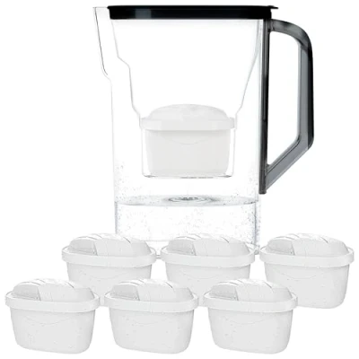 Image de Wessper Carafe Filtrante avec Filtre, pour porte de réfrigérateur 2,7 L, Cartridges Charbon Actif et Résine échangeuse d&#039;ions, Pitcher set 6 Filtres Noir