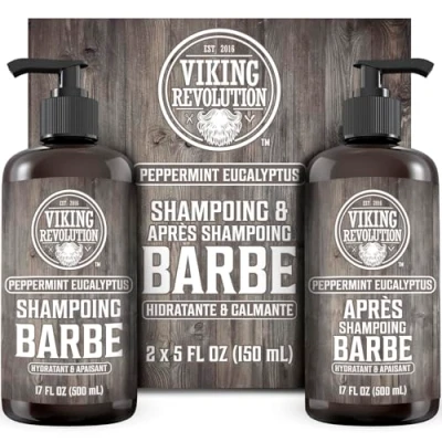 Image de Viking Revolution Shampoing Barbe Homme &amp; Après Shampooing Huile d&#039;Argan de Jojoba Adoucit Renforce Parfum Menthe Poivrée Eucalyptus 500 ml x 2