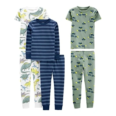 Image de Simple Joys by Carter&#039;s 6 Piece Snug Fit Cotton Pajama Set Ensemble Pyjama, Blanc Dinosaure/Bleu Rayures/Vert Construction, 2 Ans (Lot de 3) Garçon