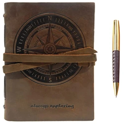 Image de Carnet de Notes Cuir Véritable Journal Avec Boussole En Relief A5 Voyage à La Main Vintage Écriture Notebook Pour Hommes &amp; Femmes Antique Cahier Rustique 21x15cm