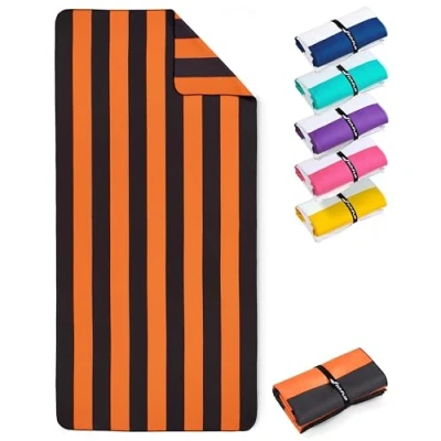 Image de Fit Flip Serviette de Plage Microfibre Fine et légère à séchage Rapide Drap XXL 100% recyclée rayé Orange Gris foncé 160cm x 90cm