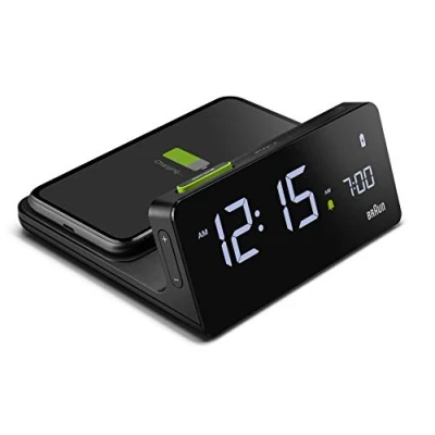 Image de Réveil numérique de Braun avec écran LCD VA, Bloc Charge Rapide sans Fil Qi 10W, réglage Automatique du rétro éclairage, Configuration Rapide, Alarme sonore, en Noir, modèle BC21BEU.