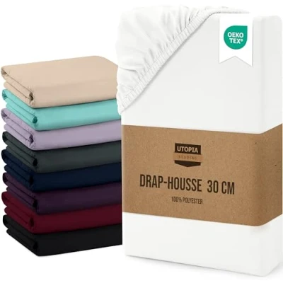 Image de Utopia Bedding Drap Housse Blanc, 90 x 200 cm Coupes de 30 pour Matelas épais Polyester Microfibre brossée