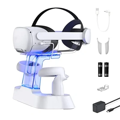 Image de NexiGo Station de Recharge Version Avancée avec LED pour Quest 2, [Support Elite Strap with Battery], Support d&#039;Affichage Casque Contrôleur, 2 Piles Rechargeables, Câble Magnétique