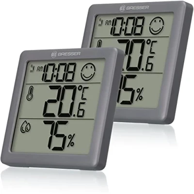 Image de Bresser Climate Smile Lot de 2 thermomètres hygromètre à poser ou fixer au mur avec indicateur température ambiante en forme smiley Anthracite