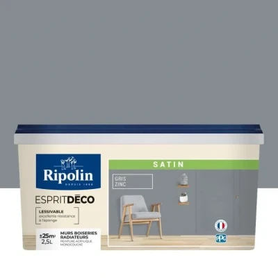 Image de RIPOLIN Peinture Intérieure Multi Supports Murs, Boiseries &amp; Radiateurs Ultra Couvrante Lessivable Application Facile Ecolabel Satin 2,5L Gris Zinc