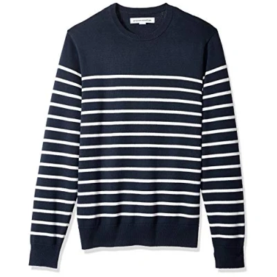 Image de Amazon Essentials Pull à col Rond (Grandes Tailles Disponibles) Homme, Bleu Marine Foncé Blanc Rayures, M