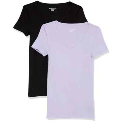 Image de Amazon Essentials T Shirt Col en v à Manches Courtes Coupe Ajustée Femme, Lot de 2, Noir/Lavande, M