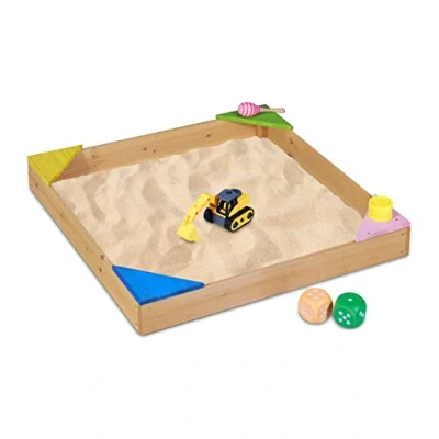 Image de Relaxdays Bac à Sable, 4 assises d’Angle, H x L P: 11,5 90 cm, Jeu de Sable Jardin, en Bois Sapin Naturel