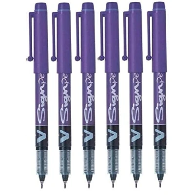 Image de Lot de 6 stylos à encre liquide marque V Sign Pen distribué par Pilot, avec une pointe moyenne 2 mm, largeur ligne 0,6 mm et graphique SW VSP Violet
