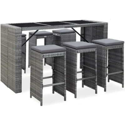 Image de Ensemble de bar jardin en résine tressée gris vidaXL 185x80x110cm 7 pcs avec coussins