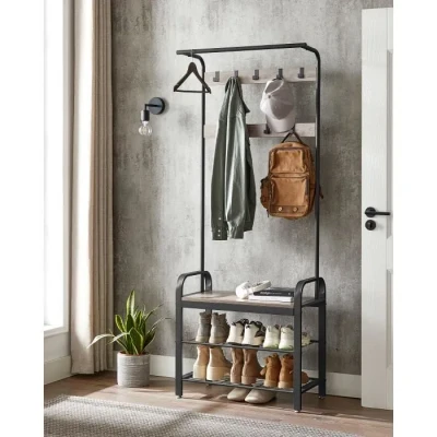 Image de VASAGLE Porte Manteau avec Étagère à Chaussures, Meuble d’Entrée Banc, 4 en 1, 9 Crochets Amovibles, Vestiaire, 33,7 x 72 183 cm, Style Industriel, Grège et Noir HSR40MB