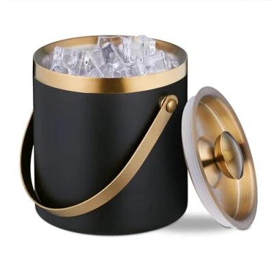 Image de Relaxdays Seau à Glace, Acier Inoxydable, Double paroi, avec Couvercle et Anse, 1,5 L, Contenant glaçons, Noir doré