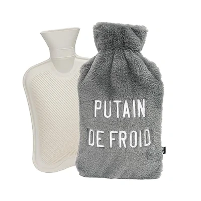 Image de Fissure Bouillotte grise &quot;p*tain de froid&quot;. Sac à eau avec message en anglais. Bouteille d&#039;eau chaude 2 litres. housse souple. anti odeur. Lavable.