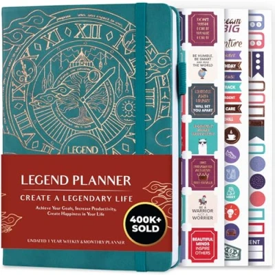 Image de Legend Planner Meilleur agenda hebdomadaire et calendrier mensuel pour augmenter la productivité, atteindre les objectifs gérer le temps maître A5, non daté Sarcelle Foncée, Feuille d&#039;or