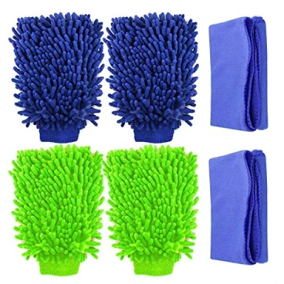 Image de 4 pièces Gant de Lavage Microfibre pour la Voiture + 2 Chiffons Nettoyage en Microfibre, Serviette qualité Professionnelle
