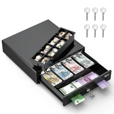 Image de Tera tiroir caisse 13&quot; pour POS: 4 compartiments billets 8 pièces 6 clés ouverture auto compartiment amovible verrouillage à clé interface RJ12 24V fente supports 330G