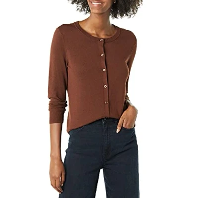 Image de Amazon Essentials Gilet Col Rond Léger (Grandes Tailles Disponibles) Femme, Brun, S