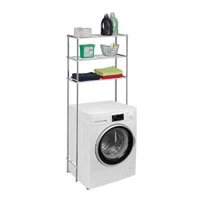 Image de relaxdays Etagère de Machine à Laver en métal, 3 Niveaux, Rangement Salle Bain, WC, HLP 162,5x67x30 cm, argenté, Fer, polystyrène, 1 élément