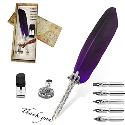 Image de stylo Dip à Plume, Plume d&#039;oie Encre, Set de Calligraphie Vintage avec 5 Plumes Rechange, Porte (violet)