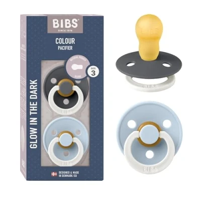 Image de Tétine BIBS Colour Glow. Lot de 2 sucettes. Brillent dans le noir. Sans bisphénol A, Téterelle ronde. Latex caoutchouc naturel, Taille 3 (plus 18 mois), Iron Glow/Baby Blue Glow
