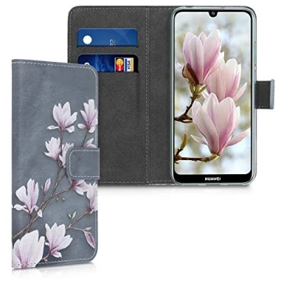 Image de kwmobile Coque Portefeuille Compatible avec Huawei Y6 (2019) Étui à Rabat Tissu Similicuir Compartiment Cartes Taupe Blanc Bleu Gris