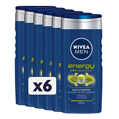 Image de NIVEA MEN Energy Douche Shampooing 6 x 250 ml Homme Revitalisant Corps Visage Cheveux Douchette et Rafraîchissant Extrait de Menthe