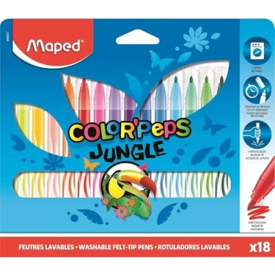 Image de Maped Feutres Jungle Color’Peps 18 de Coloriage lavables et Résistants au Séchage Pointe Moyenne Bloquée Couleurs Vives Idéal Fournitures Rentrée Scolaire Pochette Carton 845421